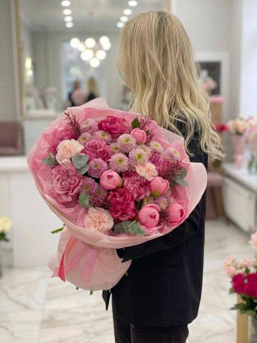 Авторский букет «Розовый вихрь»
